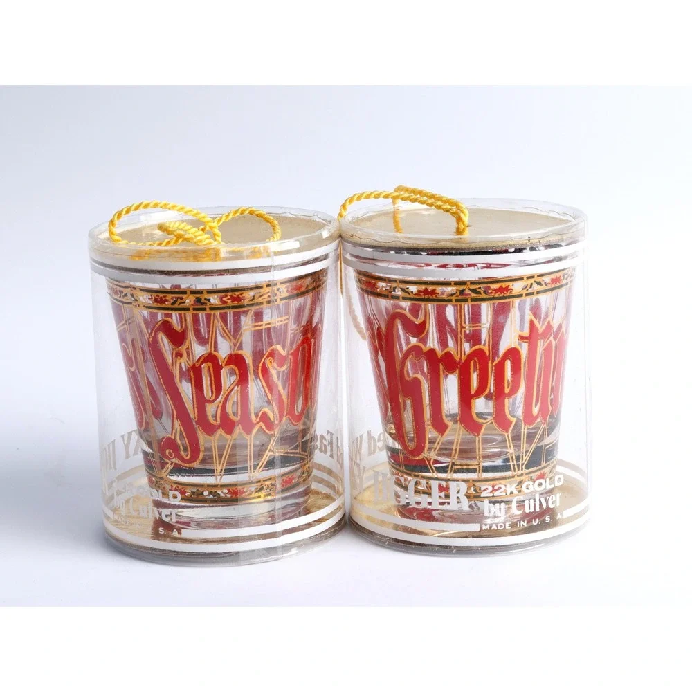Vintage Culver Seasons Greetings Whiskey Shot Glasses 22K Gold 1980s Set of 2